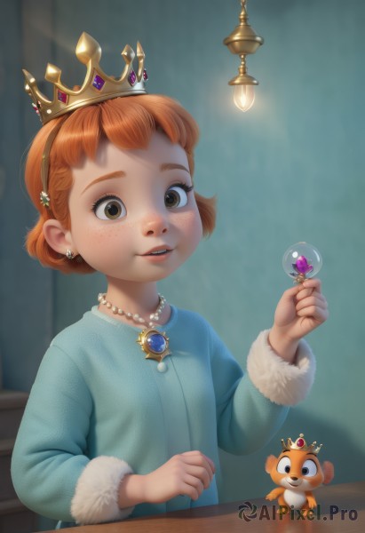 1girl,solo,smile,short hair,long sleeves,dress,holding,brown eyes,jewelry,upper body,earrings,parted lips,indoors,necklace,orange hair,fur trim,blue dress,table,tiara,crown,gem,child,freckles,female child,pearl necklace,looking at viewer,hair ornament,hairband,realistic