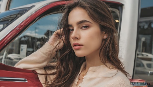 1girl,solo,long hair,looking at viewer,brown hair,shirt,long sleeves,brown eyes,jewelry,white shirt,earrings,parted lips,collared shirt,necklace,blurry,black eyes,lips,blurry background,piercing,ground vehicle,motor vehicle,hand in own hair,realistic,car,car interior,outdoors,sky,day