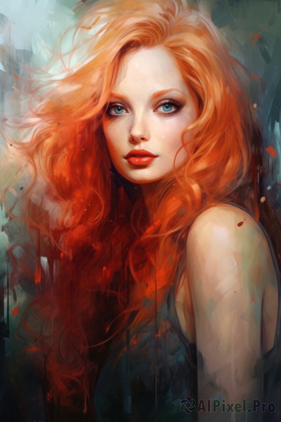 1girl,solo,long hair,breasts,looking at viewer,blue eyes,bare shoulders,closed mouth,upper body,red hair,sleeveless,orange hair,lips,eyelashes,makeup,wavy hair,lipstick,curly hair,realistic,nose,red lips