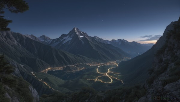 outdoors,sky,cloud,tree,no humans,night,star (sky),nature,night sky,scenery,forest,starry sky,mountain,fantasy,landscape,mountainous horizon,cliff,water,blue sky,horizon,river