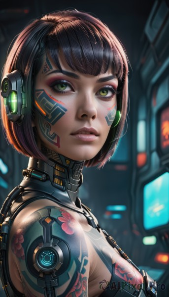 1girl,solo,breasts,looking at viewer,short hair,bangs,brown hair,black hair,medium breasts,green eyes,upper body,blurry,from side,lips,eyelashes,tattoo,makeup,blurry background,headgear,headphones,bob cut,eyeshadow,science fiction,nose,android,eyeliner,cable,arm tattoo,cyborg,robot joints,mascara,cyberpunk,closed mouth,multicolored hair,artist name,signature,bodysuit,glowing,watermark,facial mark,lipstick,headset,backlighting,realistic,facepaint