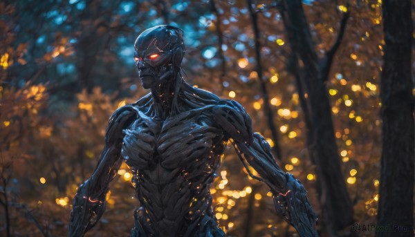 solo, red eyes, 1boy, upper body, outdoors, blurry, tree, no humans, glowing, robot, nature, glowing eyes, forest, science fiction, realistic, humanoid robot