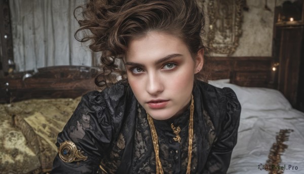 1girl,solo,looking at viewer,short hair,brown hair,shirt,brown eyes,jewelry,jacket,upper body,earrings,parted lips,indoors,necklace,blurry,lips,black jacket,pillow,grey eyes,black shirt,bed,makeup,on bed,formal,suit,lipstick,curly hair,realistic,nose,red lips,long hair,black hair,dress,black dress,chinese clothes,gold trim,gold