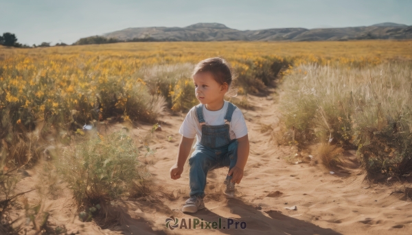 solo,short hair,brown hair,shirt,black hair,1boy,white shirt,flower,short sleeves,male focus,outdoors,sky,shoes,day,dark skin,shadow,grass,t-shirt,sneakers,child,scenery,realistic,yellow flower,overalls,male child,field,wide shot,blue overalls,open mouth,blue eyes,standing,full body,pants,blue sky,looking to the side,denim,walking