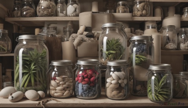 food,indoors,no humans,fruit,bird,bottle,plant,scenery,apple,basket,mushroom,egg,shelf,food focus,jar,leaf,still life