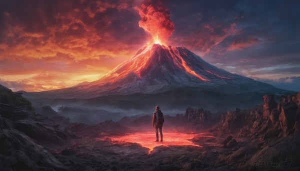 solo, 1boy, standing, outdoors, sky, cloud, from behind, cloudy sky, fire, scenery, 1other, sunset, mountain, ambiguous gender, red sky, molten rock