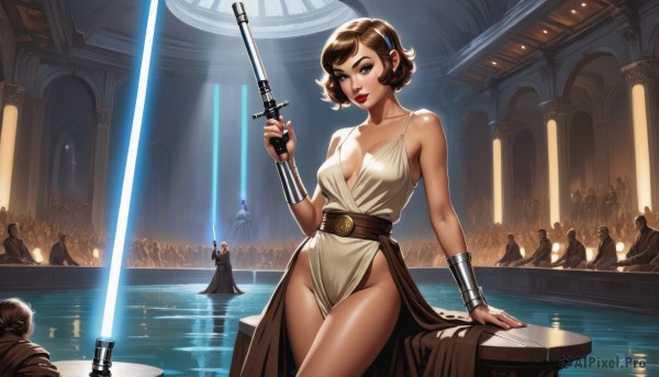 1girl,breasts,looking at viewer,smile,short hair,brown hair,hair ornament,dress,holding,cleavage,bare shoulders,brown eyes,medium breasts,standing,collarbone,weapon,thighs,hairband,multiple boys,solo focus,belt,sword,water,holding weapon,white dress,armor,lips,groin,gun,shiny skin,no bra,makeup,no panties,arm support,holding sword,lipstick,holding gun,breasts apart,pelvic curtain,side slit,science fiction,6+boys,realistic,bracer,pillar,energy sword,energy gun,laser,lightsaber,hairclip,indoors,table,robe,vambraces,red lips,pool,tunic,plunging neckline,greek clothes