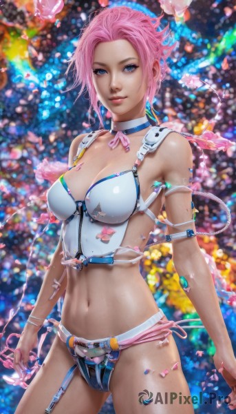 1girl,solo,breasts,looking at viewer,smile,short hair,blue eyes,navel,cleavage,jewelry,medium breasts,closed mouth,standing,pink hair,cowboy shot,choker,midriff,belt,blurry,bracelet,lips,crop top,petals,makeup,blurry background,garter straps,zipper,realistic,nose,underwear,collarbone,swimsuit,braid,bikini,depth of field,contrapposto