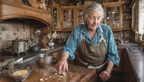 1girl,solo,smile,short hair,shirt,long sleeves,1boy,closed mouth,standing,closed eyes,white hair,grey hair,male focus,food,collared shirt,indoors,apron,window,dress shirt,facial hair,scar,table,sunlight,bottle,blue shirt,plant,plate,sleeves rolled up,bowl,realistic,spoon,tiles,potted plant,old,old man,cooking,kitchen,jar,sink,counter,faucet,cabinet,old woman,wrinkled skin,cutting board,upper body,cup,lips,facing viewer,scar on face,pouring,spatula,stove