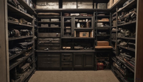 indoors,no humans,window,bottle,box,scenery,shelf,kitchen,sink,refrigerator,cabinet,stove,food,cardboard box,jar,shop,still life,counter,loaded interior