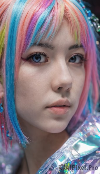 1girl,solo,looking at viewer,bangs,blue eyes,jewelry,blue hair,pink hair,multicolored hair,earrings,parted lips,two-tone hair,lips,eyelashes,makeup,gem,portrait,close-up,realistic,nose,rainbow hair,short hair,signature,blurry,streaked hair,watermark,web address