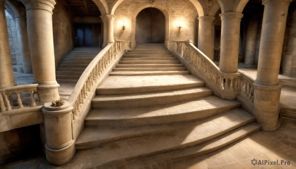 HQ,indoors,no humans,window,sunlight,scenery,stairs,railing,light,architecture,pillar,statue,church,arch,column,outdoors,fire,door,candle,hallway,torch,stone floor,stone stairs