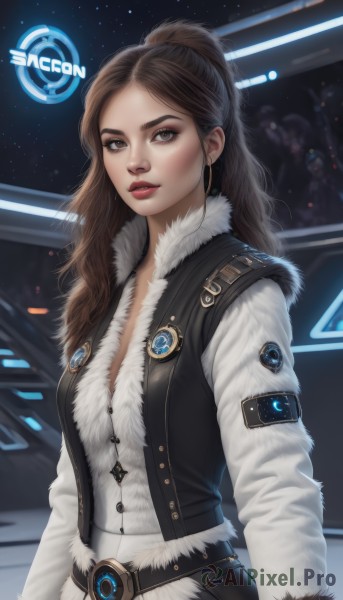 1girl,solo,long hair,breasts,looking at viewer,brown hair,shirt,long sleeves,cleavage,brown eyes,jewelry,medium breasts,jacket,white shirt,upper body,ponytail,earrings,parted lips,open clothes,belt,blurry,vest,lips,coat,fur trim,eyelashes,makeup,buttons,high ponytail,lipstick,buckle,eyeshadow,hoop earrings,belt buckle,realistic,nose,logo,red lips,eyeliner,artist name,open jacket,parted bangs,forehead,cropped jacket,science fiction,fur collar,emblem,badge