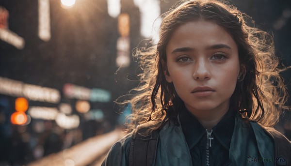 1girl,solo,long hair,looking at viewer,blue eyes,brown hair,shirt,jewelry,closed mouth,jacket,upper body,collared shirt,necklace,bag,blurry,lips,grey eyes,depth of field,blurry background,wavy hair,backpack,cross,messy hair,portrait,freckles,curly hair,realistic,nose,earphones,bokeh,earbuds,brown eyes,earrings,outdoors,parted lips,eyelashes,night,thick eyebrows,wind,forehead,zipper,backlighting,light,leather jacket,lights