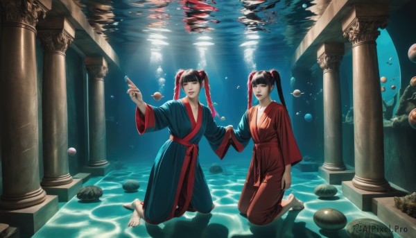 long hair,breasts,smile,bangs,multiple girls,black hair,long sleeves,2girls,twintails,closed eyes,japanese clothes,barefoot,wide sleeves,blunt bangs,water,kneeling,holding hands,siblings,animal,sunlight,interlocked fingers,fish,bubble,twins,robe,light rays,underwater,air bubble,sunbeam,pillar,column,looking at viewer,parted lips,hair bun,double bun,chinese clothes,reflection,arch