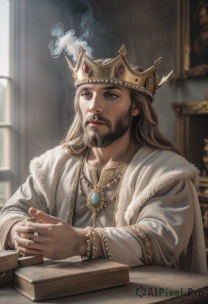 solo,long hair,brown hair,black hair,long sleeves,1boy,brown eyes,jewelry,sitting,upper body,male focus,parted lips,indoors,necklace,blurry,black eyes,bracelet,looking to the side,book,fur trim,blurry background,facial hair,looking away,table,ring,crown,gem,beard,smoke,robe,realistic,mustache,smoking,manly