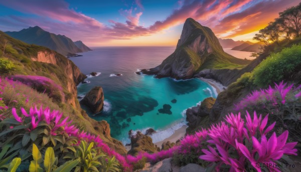 A landscape amidst a vivid sunset outdoors