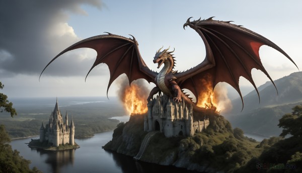 HQ,tail,outdoors,wings,horns,sky,day,cloud,water,tree,blue sky,no humans,cloudy sky,fire,nature,scenery,claws,flying,mountain,fantasy,dragon,scales,river,castle,flame,tower,landscape,dragon wings,lake,breathing fire,molten rock,ocean,forest,island