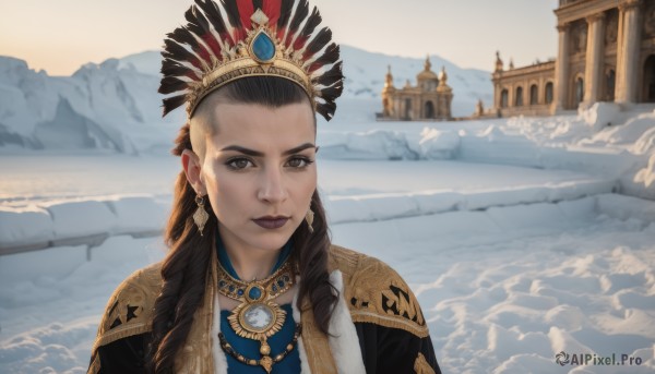 1girl,solo,long hair,looking at viewer,brown hair,black hair,hair ornament,brown eyes,jewelry,closed mouth,upper body,braid,earrings,outdoors,day,necklace,lips,makeup,crown,lipstick,gem,portrait,scenery,snow,forehead,mountain,headdress,winter,smile,sky,feathers,realistic