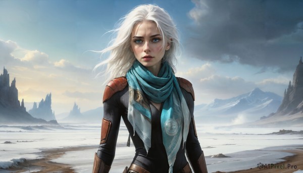 HQ,1girl,solo,long hair,looking at viewer,blue eyes,blonde hair,upper body,white hair,outdoors,sky,artist name,cloud,scarf,armor,lips,bodysuit,makeup,cloudy sky,wind,snow,injury,mountain,realistic,winter,dirty,dirty face,parted lips,day,mole,blue sky,floating hair,ocean,scar,sunlight,messy hair,scenery,freckles,blue scarf,landscape,mountainous horizon,sunrise,cliff,morning