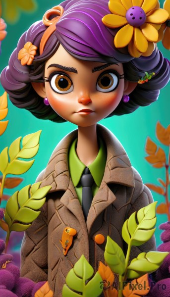 1girl,solo,looking at viewer,blush,short hair,shirt,black hair,hair ornament,brown eyes,jewelry,jacket,upper body,purple hair,flower,hairband,earrings,necktie,pointy ears,collared shirt,hair flower,dark skin,dark-skinned female,coat,leaf,plant,black necktie,ladybug,closed mouth,artist name,lips,eyelashes,watermark,thick eyebrows,web address,brown jacket,nose,green shirt