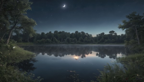 outdoors,sky,water,tree,no humans,night,moon,grass,plant,star (sky),nature,night sky,scenery,forest,starry sky,reflection,crescent moon,river,boat,lake,fireflies,reflective water,bug,fire,watercraft,campfire