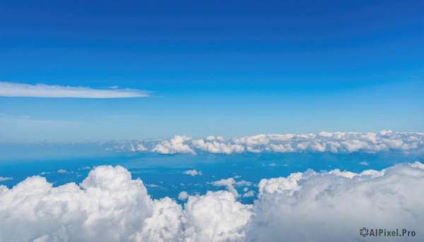 monochrome,outdoors,sky,day,cloud,water,blue sky,no humans,ocean,cloudy sky,scenery,blue theme,horizon,landscape,above clouds