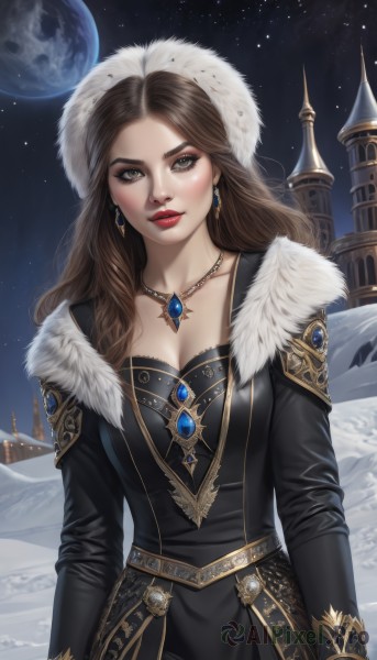 1girl,solo,long hair,breasts,looking at viewer,brown hair,long sleeves,dress,cleavage,brown eyes,jewelry,medium breasts,closed mouth,earrings,outdoors,sky,artist name,necklace,black dress,lips,coat,fur trim,makeup,night,moon,lipstick,gem,star (sky),night sky,snow,full moon,pendant,starry sky,gold trim,snowing,red lips,planet,castle,fur hat,earth (planet),large breasts,standing,collarbone,multicolored hair,two-tone hair,eyeshadow,realistic,space,straight-on