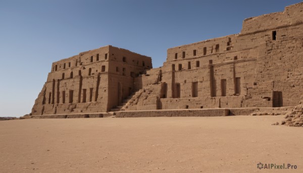 outdoors,sky,day,blue sky,no humans,building,scenery,sand,ruins,desert,rock,dust