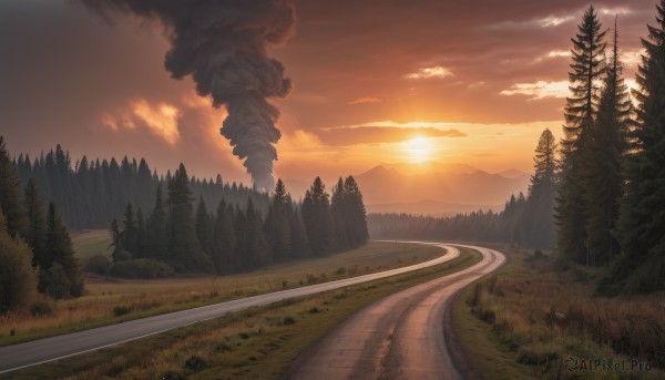 outdoors,sky,cloud,tree,no humans,sunlight,cloudy sky,grass,nature,scenery,forest,smoke,sunset,mountain,sun,road,bush,landscape,orange sky,path,field