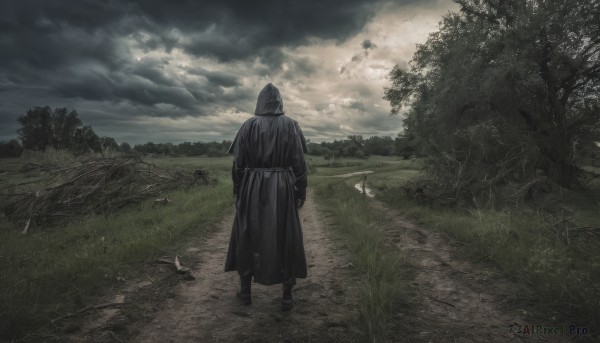 solo,long sleeves,1boy,standing,male focus,outdoors,sky,cloud,hood,from behind,black footwear,tree,bird,cloudy sky,grass,nature,scenery,hood up,forest,1girl,cloak,1other,robe,ambiguous gender,black robe