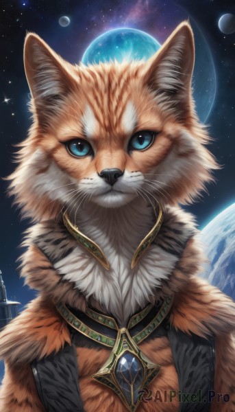 solo,looking at viewer,blue eyes,jewelry,upper body,sky,necklace,no humans,animal,moon,cat,gem,star (sky),night sky,full moon,starry sky,space,animal focus,planet,whiskers,closed mouth,artist name,signature,animal ear fluff,watermark,pendant,fur collar,realistic,white fur,earth (planet)