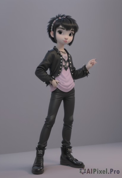 1girl,solo,looking at viewer,smile,short hair,simple background,shirt,black hair,long sleeves,jewelry,standing,jacket,full body,hairband,boots,open clothes,pants,grey background,necklace,black footwear,black eyes,bracelet,open jacket,black jacket,black pants,child,spikes,pink shirt,female child,leather,leather jacket,nail polish,flat chest,lips,makeup,thick eyebrows,black nails,hand in pocket,gothic