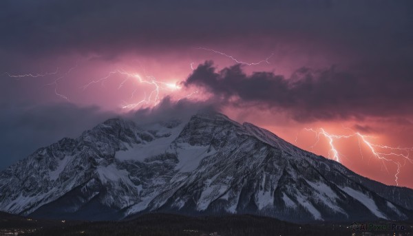 outdoors,sky,cloud,no humans,cloudy sky,scenery,mountain,electricity,lightning,landscape,mountainous horizon,red sky,signature,building,city