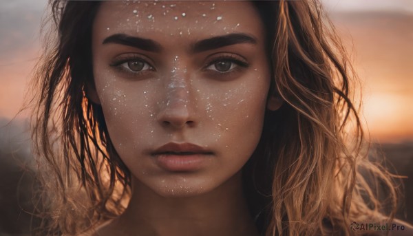 1girl,solo,long hair,looking at viewer,brown hair,black hair,brown eyes,closed mouth,parted lips,sky,dark skin,blurry,dark-skinned female,lips,grey eyes,eyelashes,blurry background,wavy hair,expressionless,thick eyebrows,portrait,close-up,freckles,realistic,nose,straight-on,outdoors,depth of field,messy hair,sunset