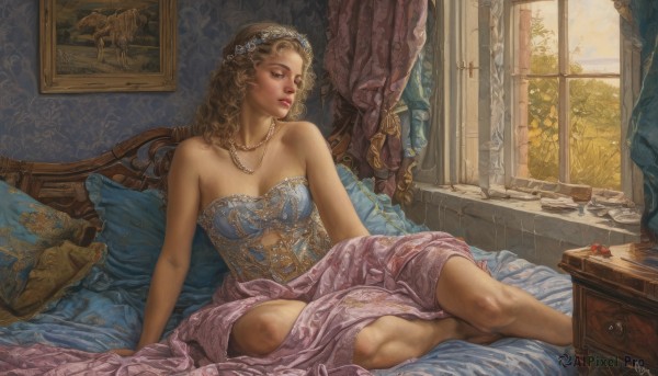 1girl,solo,long hair,breasts,blonde hair,brown hair,hair ornament,dress,bare shoulders,brown eyes,jewelry,sitting,closed mouth,collarbone,flower,day,indoors,hair flower,necklace,tree,lips,looking to the side,pillow,book,window,strapless,bed,bed sheet,arm support,on bed,wavy hair,looking away,table,sunlight,tiara,plant,curtains,gem,curly hair,realistic,blanket,cushion,picture frame,pearl necklace,painting (object),princess,canopy bed,cleavage,medium breasts,parted lips,barefoot,artist name,signature,dated,cup,makeup,strapless dress,drinking glass,fantasy,candle,fine art parody