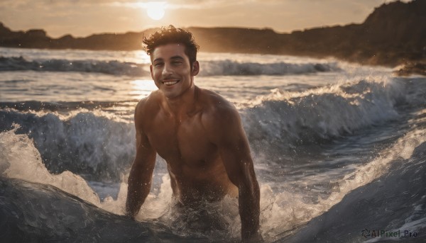 solo,smile,short hair,open mouth,brown hair,1boy,closed eyes,upper body,male focus,nude,outdoors,sky,teeth,dark skin,water,facial hair,ocean,beach,dark-skinned male,pectorals,facing viewer,partially submerged,topless male,sunset,realistic,sun,waves,very dark skin,black hair,nipples,day,cloud,wet