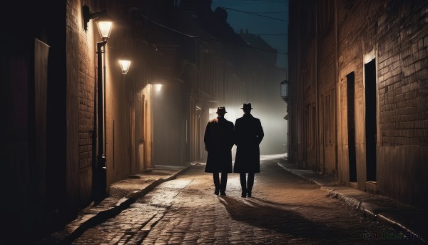 short hair,black hair,hat,standing,male focus,outdoors,multiple boys,2boys,from behind,coat,night,shadow,building,scenery,city,hands in pockets,light,road,dark,lamppost,long coat,street,trench coat,alley,1boy,sky,window,silhouette,wall,wide shot,power lines,tricorne