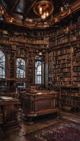 indoors,tree,book,no humans,window,chair,table,sunlight,scenery,desk,wooden floor,paper,stairs,fantasy,bookshelf,lamp,candle,architecture,shelf,book stack,library,ladder,carpet,quill,candlestand,chandelier,globe,snow,clock,bare tree