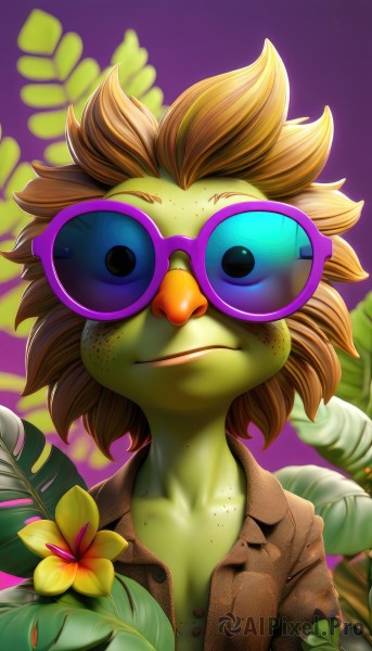 1girl,solo,looking at viewer,smile,short hair,blue eyes,brown hair,shirt,closed mouth,upper body,flower,outdoors,parted lips,open clothes,glasses,collared shirt,artist name,blurry,open shirt,blurry background,colored skin,bird,leaf,sunglasses,plant,spiked hair,furry,freckles,purple background,yellow flower,furry female,brown shirt,green skin,tinted eyewear,beak,hawaiian shirt,blonde hair,1boy,collarbone,male focus,lips,unbuttoned,dirty