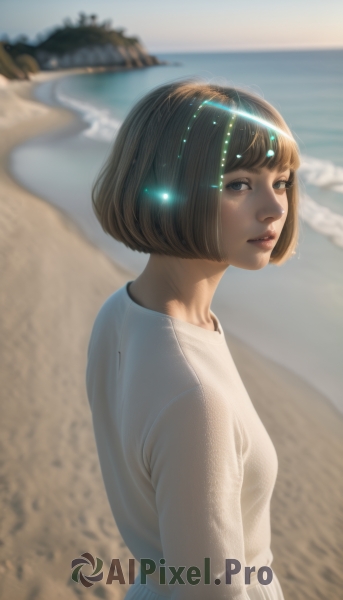 1girl,solo,looking at viewer,short hair,bangs,brown hair,shirt,long sleeves,brown eyes,closed mouth,white shirt,upper body,outdoors,parted lips,sky,day,looking back,artist name,water,blurry,black eyes,lips,depth of field,blurry background,glowing,ocean,beach,bob cut,rock,realistic,nose,sand,shore,breasts,blue eyes,black hair,dress,standing,small breasts,blunt bangs,from side,looking to the side,eyelashes,makeup,watermark,sunlight