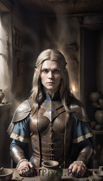 1girl,solo,long hair,looking at viewer,blue eyes,blonde hair,jewelry,upper body,braid,earrings,parted lips,pointy ears,indoors,cape,armor,cup,lips,grey eyes,table,shoulder armor,teacup,pauldrons,serious,breastplate,realistic,nose,fantasy,teapot,artist name,sunlight,elf