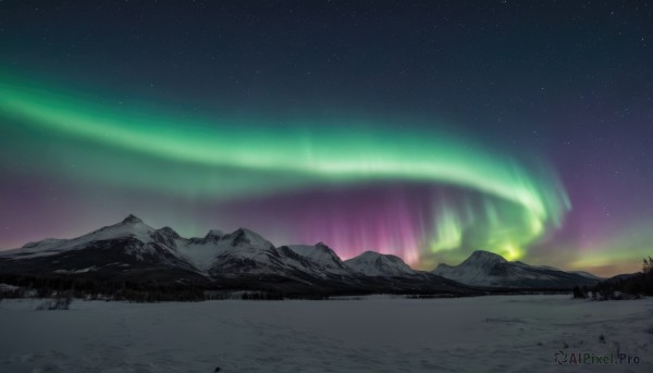 outdoors,sky,tree,no humans,night,star (sky),nature,night sky,scenery,forest,starry sky,mountain,landscape,aurora,water,snow