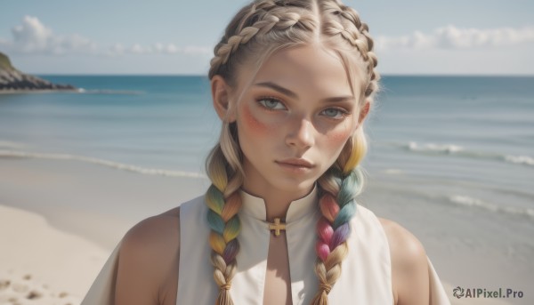 1girl,solo,long hair,looking at viewer,blush,blue eyes,blonde hair,bare shoulders,closed mouth,blue hair,upper body,braid,multicolored hair,outdoors,sky,sleeveless,day,cloud,water,blurry,twin braids,two-tone hair,blue sky,lips,grey eyes,gradient hair,blurry background,ocean,beach,cross,portrait,hair over shoulder,freckles,realistic,nose,sand,multiple braids,dress,white dress,horizon