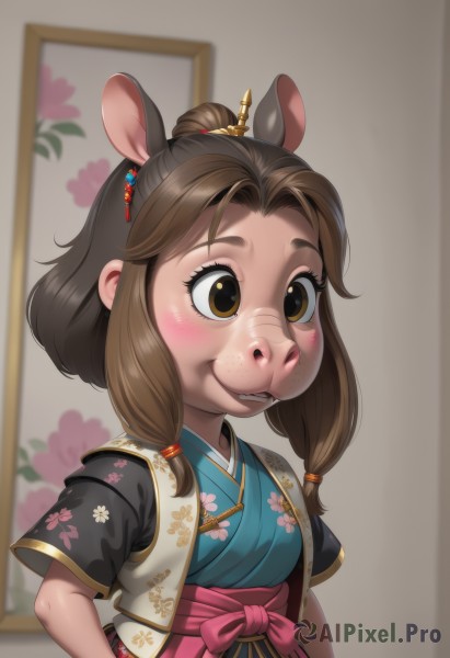 1girl,solo,blush,smile,bangs,brown hair,hair ornament,animal ears,brown eyes,upper body,ponytail,short sleeves,sidelocks,parted lips,japanese clothes,teeth,indoors,medium hair,kimono,vest,lips,sash,obi,floral print,child,freckles,mouse ears,blue kimono,female child,hair stick,deer ears,buck teeth,pig ears,long hair,twintails,hair bun,low twintails,single hair bun,extra ears,lip biting