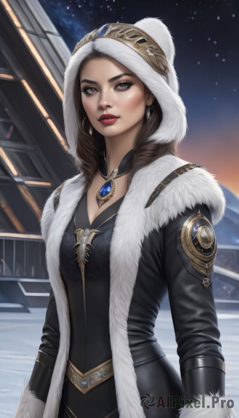 1girl,solo,long hair,breasts,looking at viewer,brown hair,long sleeves,hat,dress,cleavage,brown eyes,jewelry,medium breasts,closed mouth,earrings,outdoors,open clothes,sky,artist name,hood,necklace,black dress,lips,coat,fur trim,makeup,night,lipstick,gem,star (sky),night sky,snow,pendant,eyeshadow,starry sky,fur collar,gold trim,open coat,hoop earrings,snowing,realistic,nose,winter clothes,red lips,winter,fur-trimmed coat,fur hat,standing,upper body,small breasts