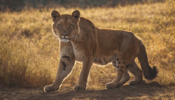 solo,looking at viewer,standing,full body,outdoors,blurry,tree,no humans,blurry background,animal,grass,nature,realistic,animal focus,tiger,signature