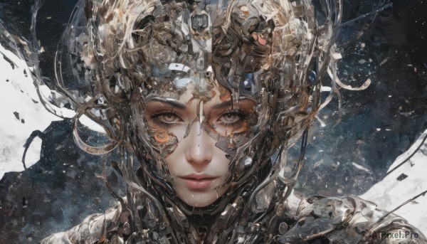 1girl,solo,looking at viewer,short hair,brown hair,brown eyes,closed mouth,lips,grey eyes,headgear,helmet,portrait,science fiction,realistic,space,cyborg,black hair,eyelashes,heterochromia,expressionless,close-up,nose,straight-on,shards,split theme