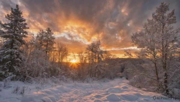 outdoors,sky,cloud,tree,no humans,sunlight,cloudy sky,grass,nature,scenery,snow,forest,sunset,mountain,sun,winter,bare tree,landscape,orange sky,sunrise,pine tree