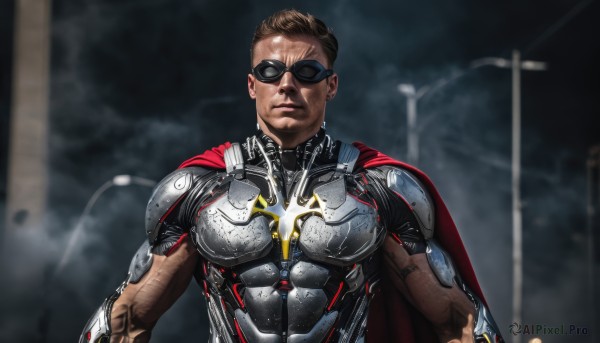 solo,looking at viewer,smile,brown hair,1boy,closed mouth,upper body,male focus,dark skin,cape,armor,blurry,muscular,sunglasses,dark-skinned male,realistic,red cape,manly,lamppost,superhero,short hair,outdoors,bodysuit,blurry background,muscular male